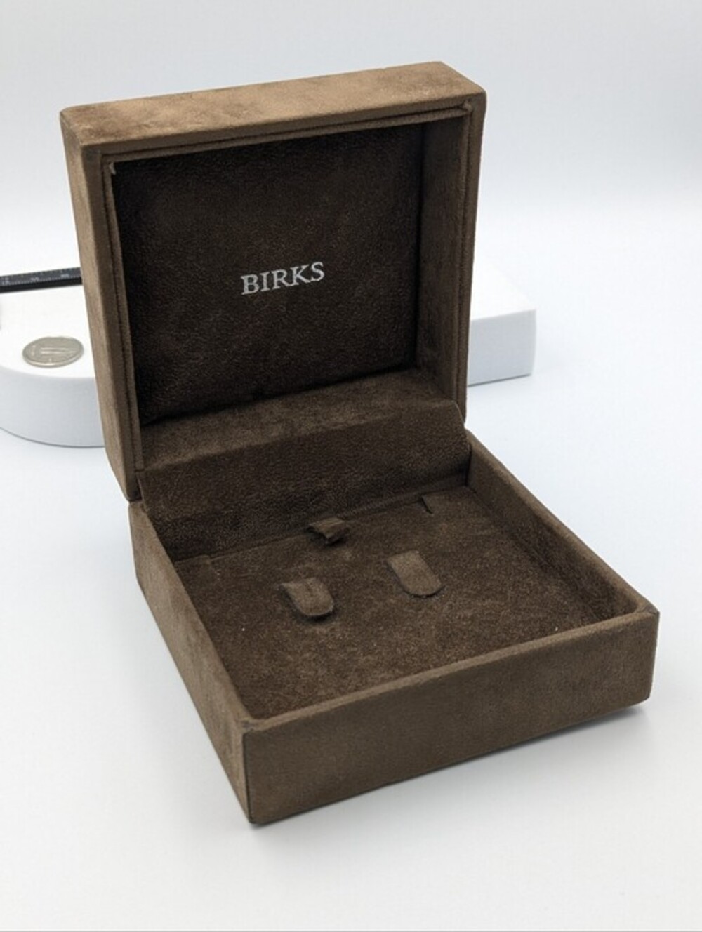 Vintage Birks brown velvet large two ring jewelry box
